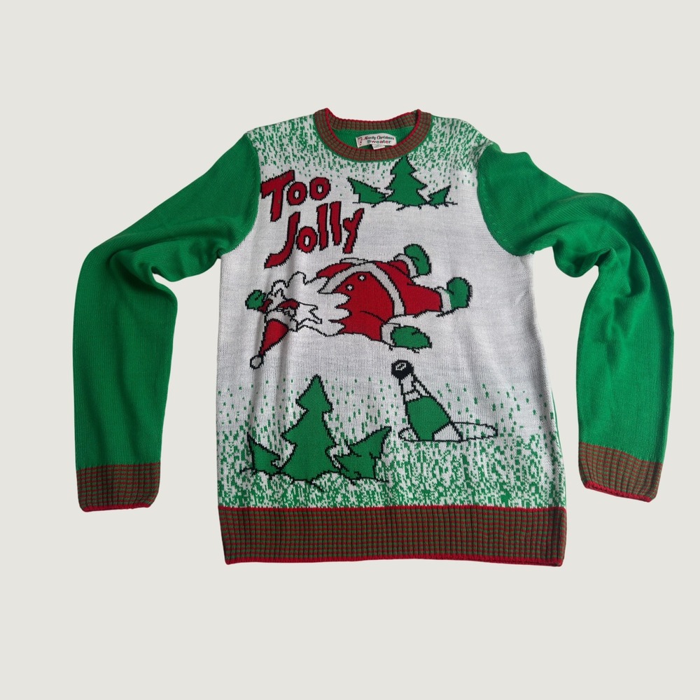 Novelty Christmas Sweater Mens Medium Too Jolly Drunk Santa Green White Pullover